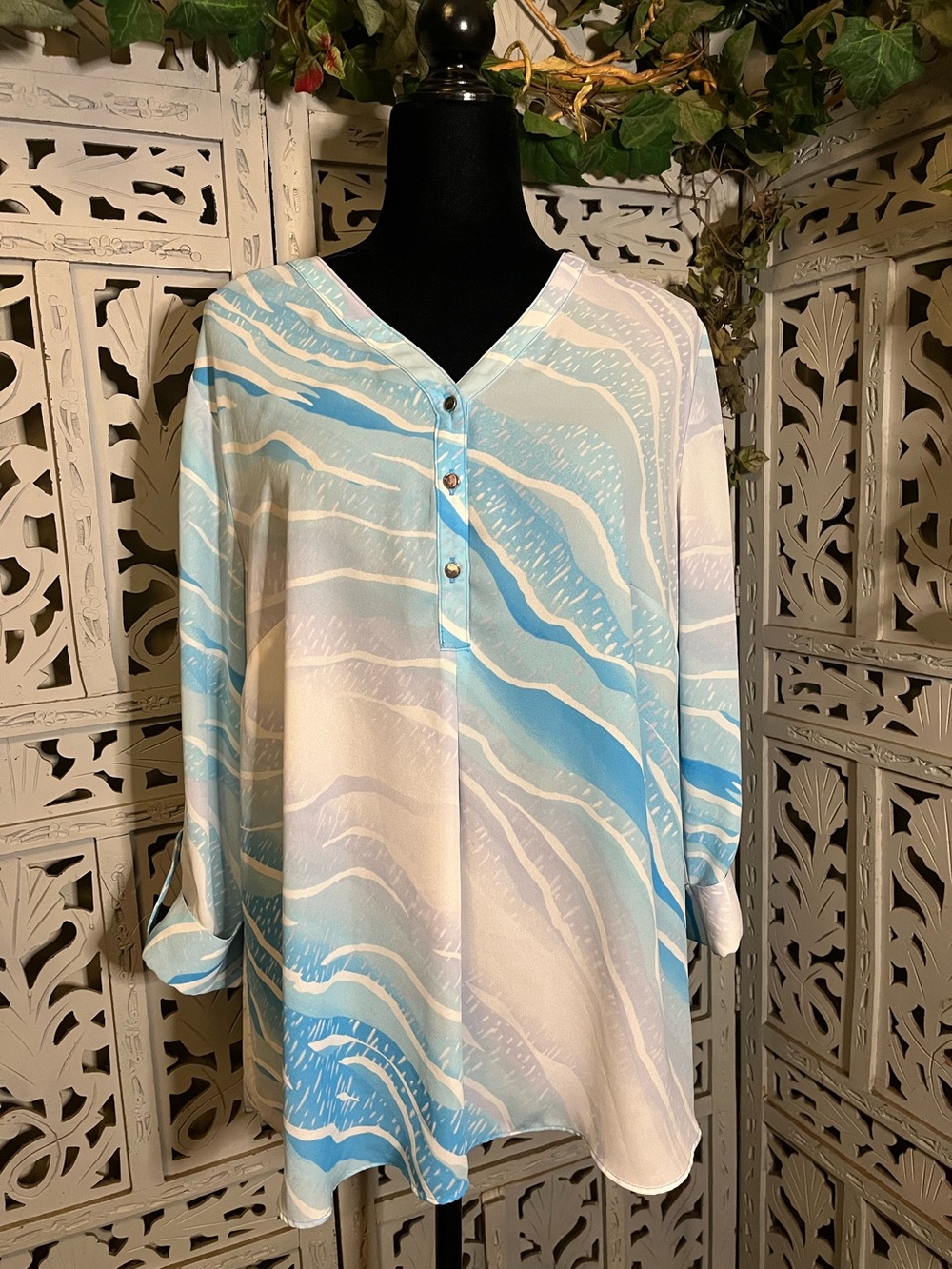 JM COLLECTION OCEAN TURQUOISE FLOWY ZEBRA PRINT MID-SLEEVES PLUS SIZE TOP